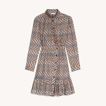 Women Short Printed Dress With Long Sleeves - Blanc / Marron