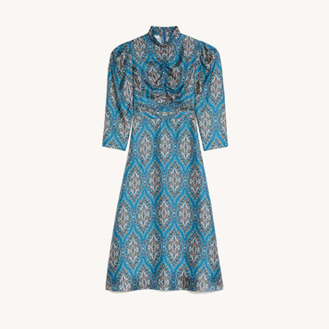 Women Long All-Over Silk Print Dress - Petrol Blue / Orange