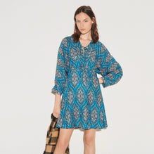 Women Short Printed Dress With Lacing - Petrol Blue / Orange