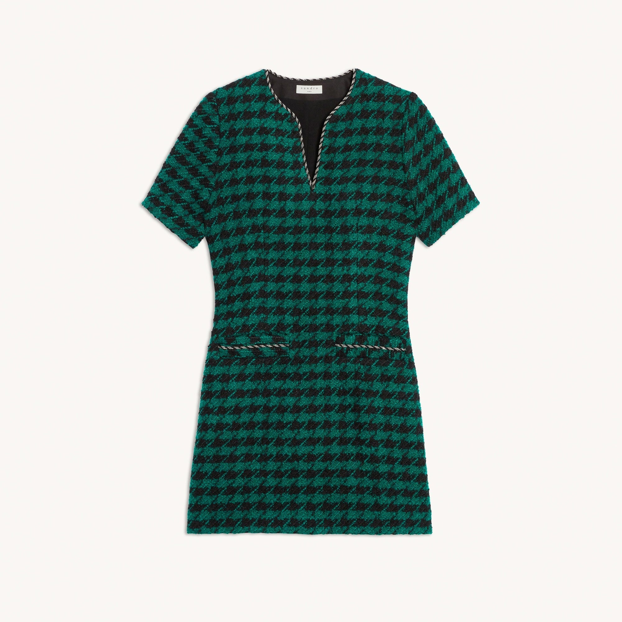 Women Short Tweed Dress With Braid Trim - Green / Black