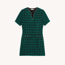 Women Short Tweed Dress With Braid Trim - Green / Black