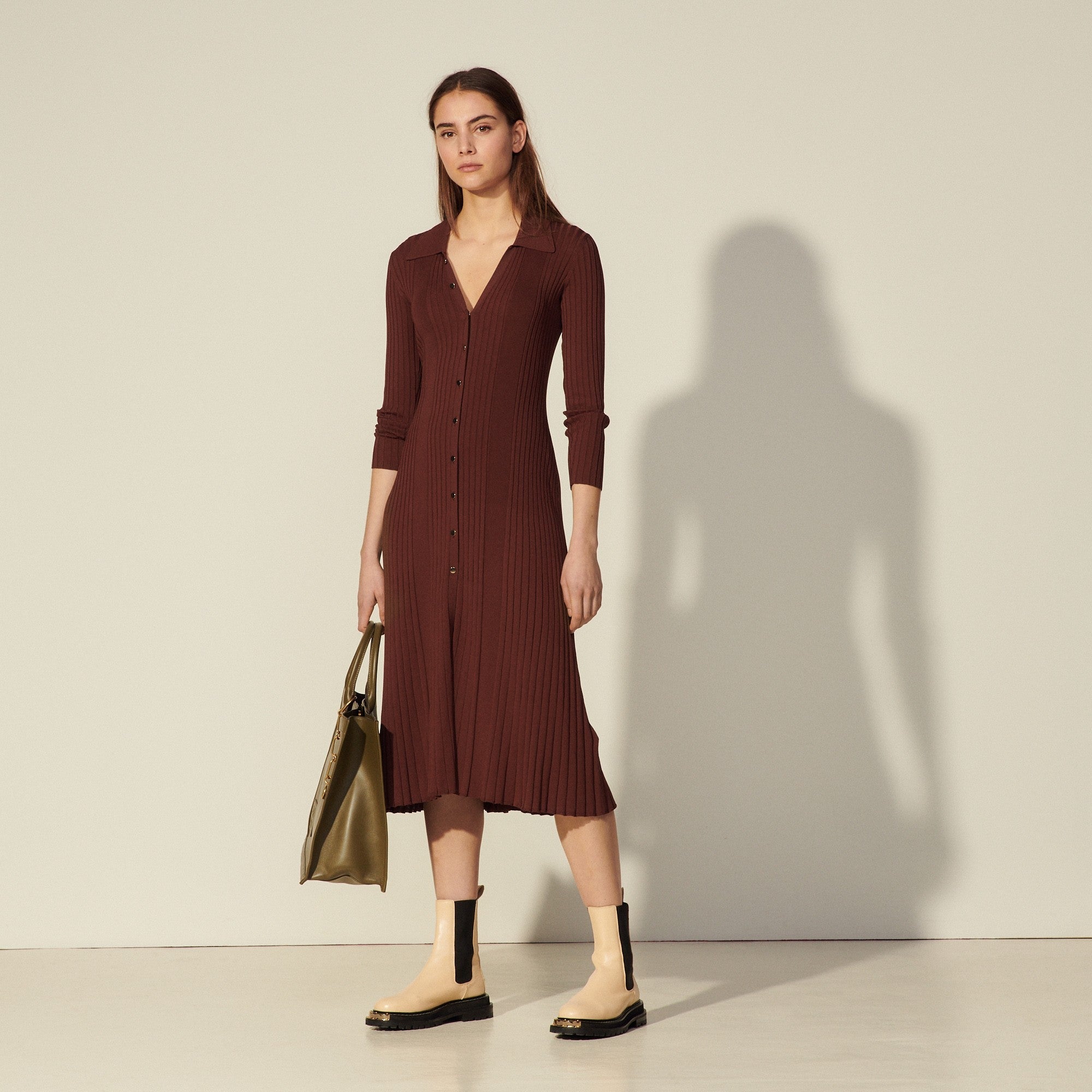 Women Long Ribbed Knit Dress - Cacao