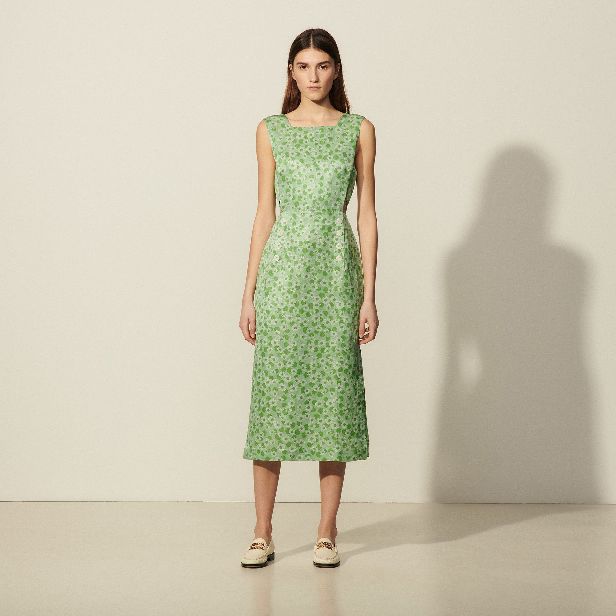 Women Long Printed Dress With Wide Straps - Green