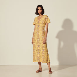 Women Long Printed Dress - Yellow