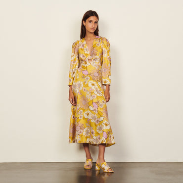 Women Long Silk Printed Dress - Yellow / Lilac