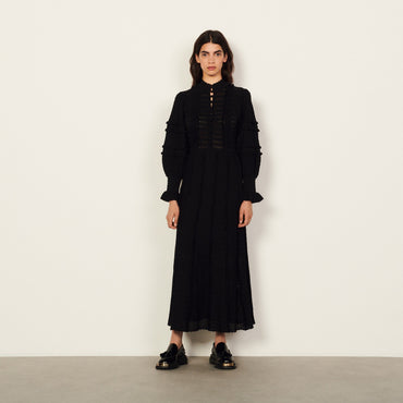 Women Long Pointelle Knit Dress - Black