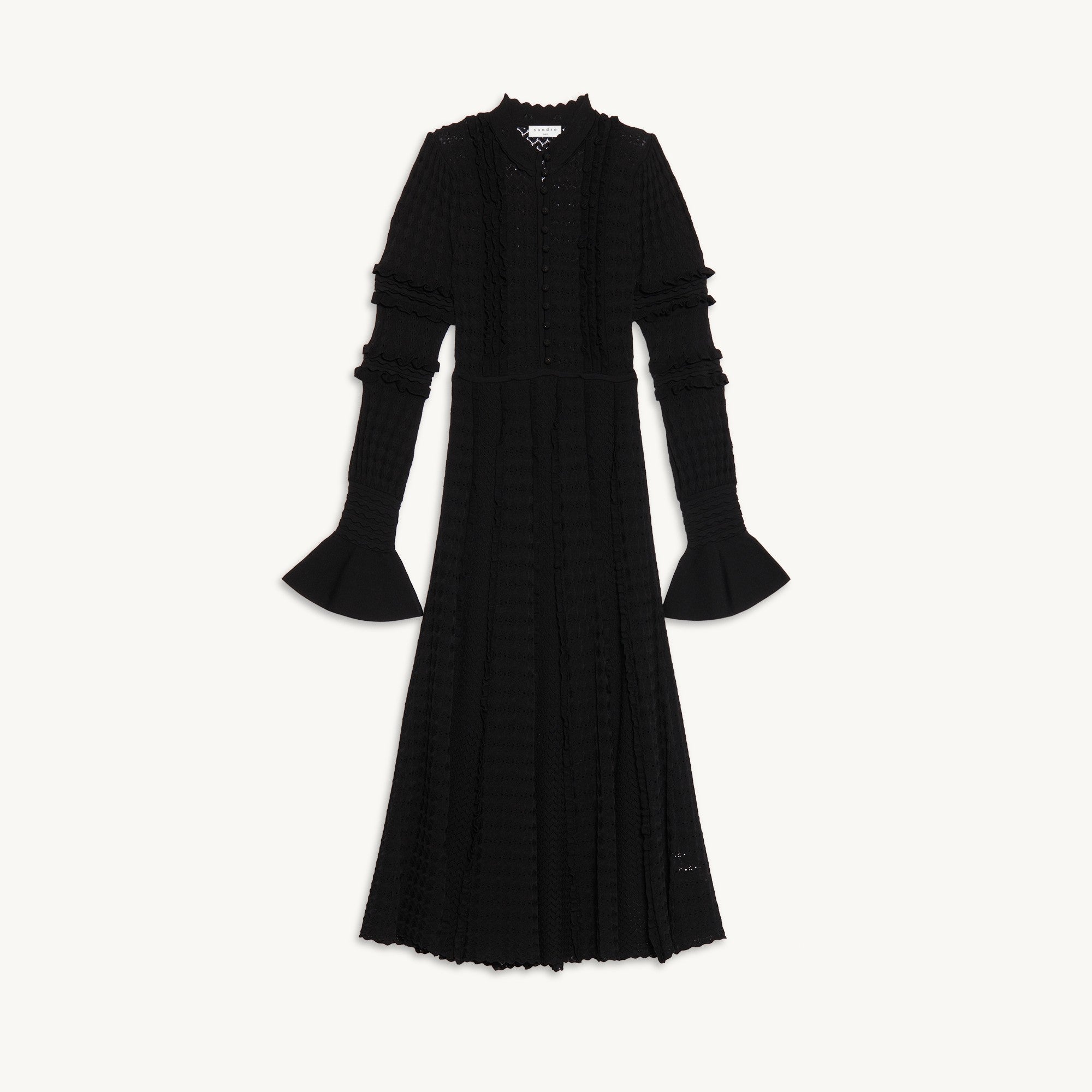 Women Long Pointelle Knit Dress - Black