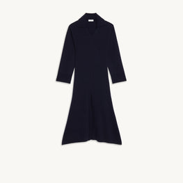 Women Long Dress With Tunic Collar - Navy Blue