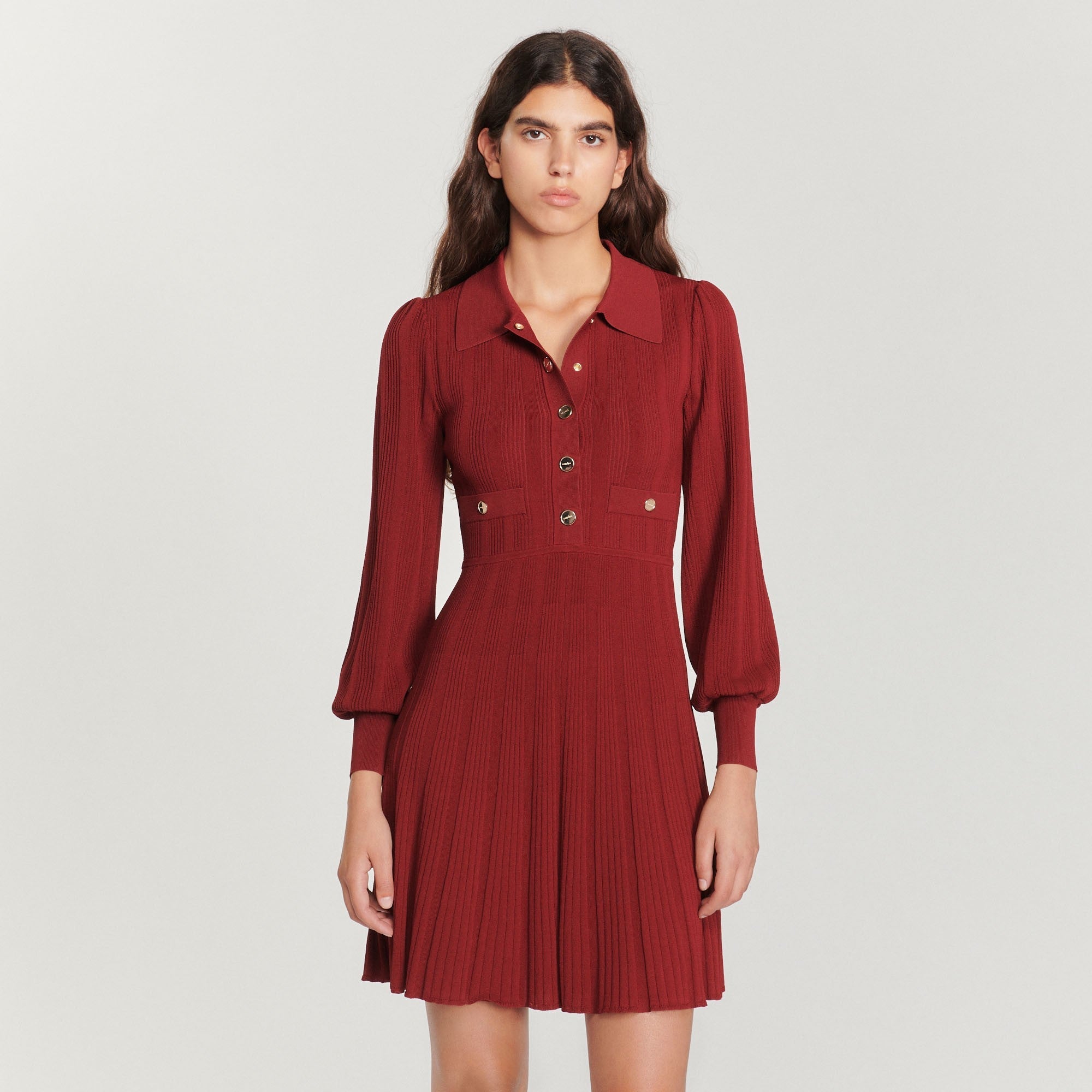 Women Pleated Knit Dress - Bordeaux