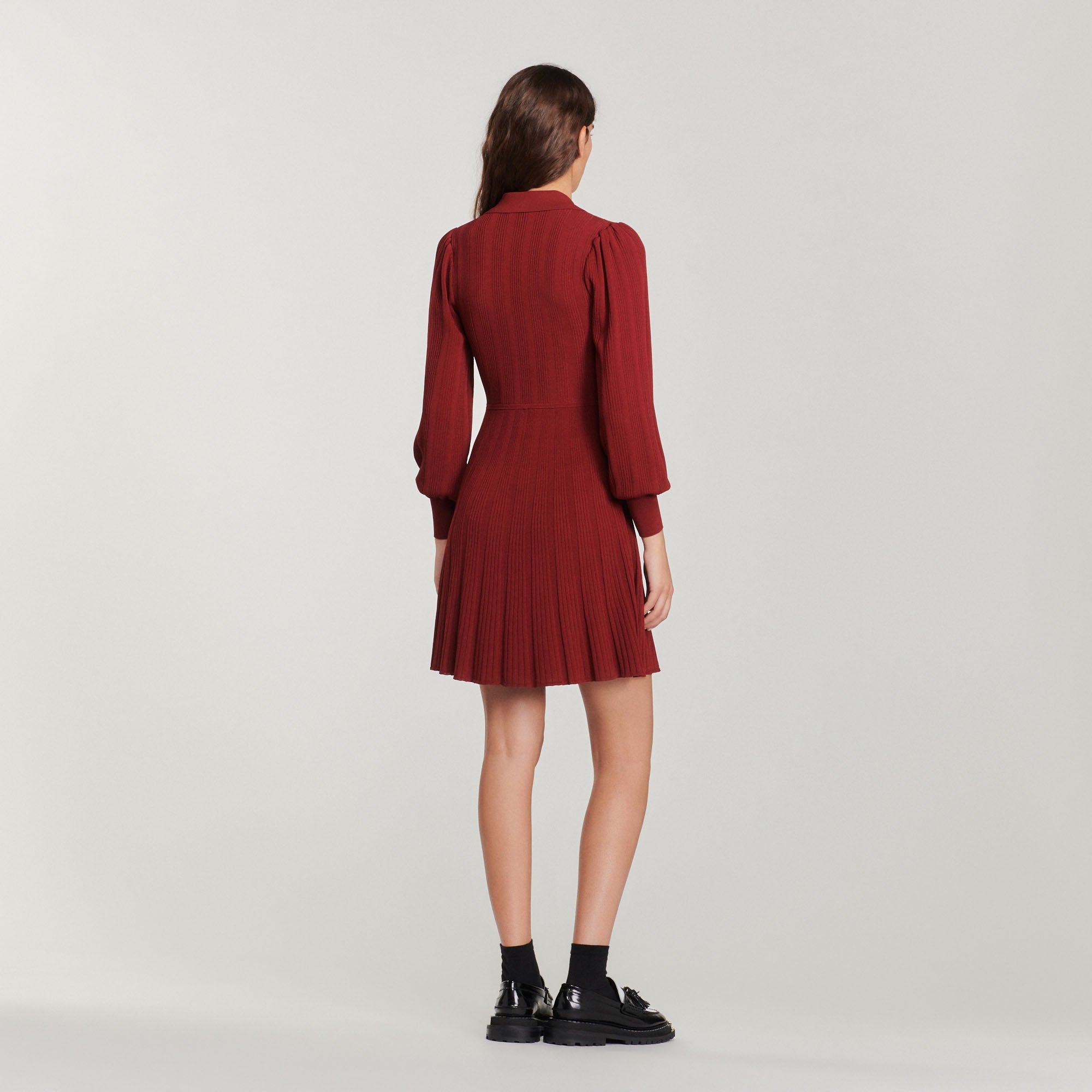 Women Pleated Knit Dress - Bordeaux