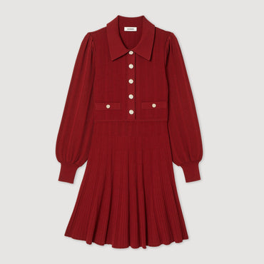 Women Pleated Knit Dress - Bordeaux