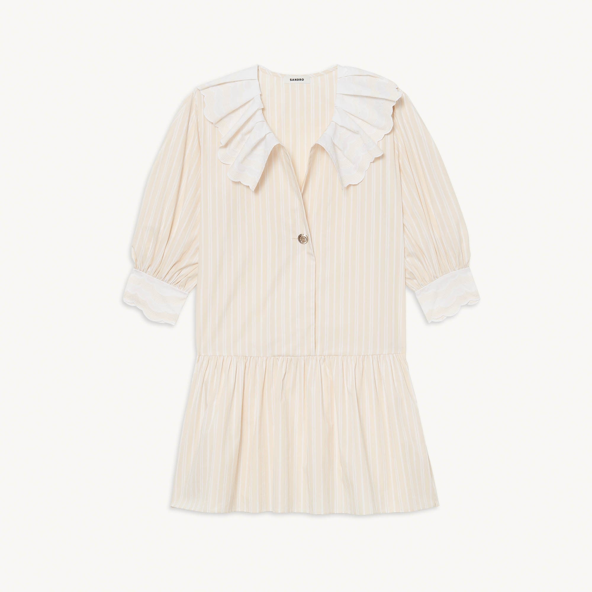 Women Short Striped Dress In Organic Cotton - Ecru / White