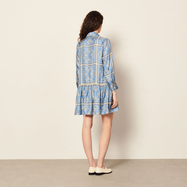 Women Printed Silk Dress - Ciel / Blanc