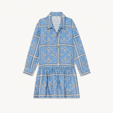 Women Printed Silk Dress - Ciel / Blanc