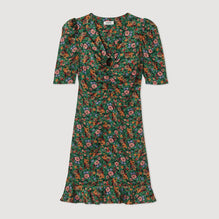 Women Short Dress With Autumn Flowers Print - Green / Orange