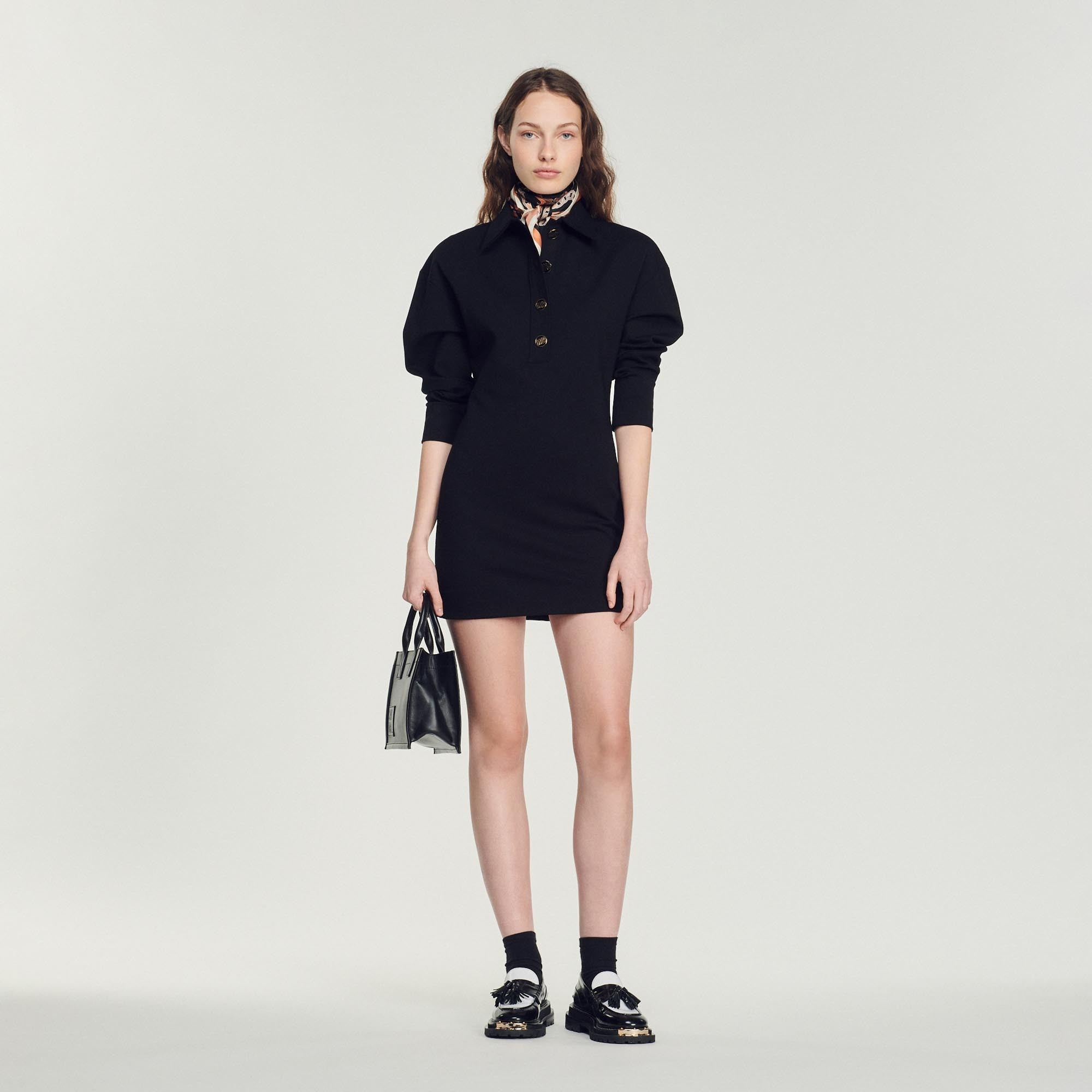 Women Short Dress With Shirt Collar - Black