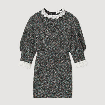 Women Tweed Dress With Trimmed Neckline - Multi-Color