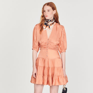 Women Frilly Dress With Short Sleeves - Salmon