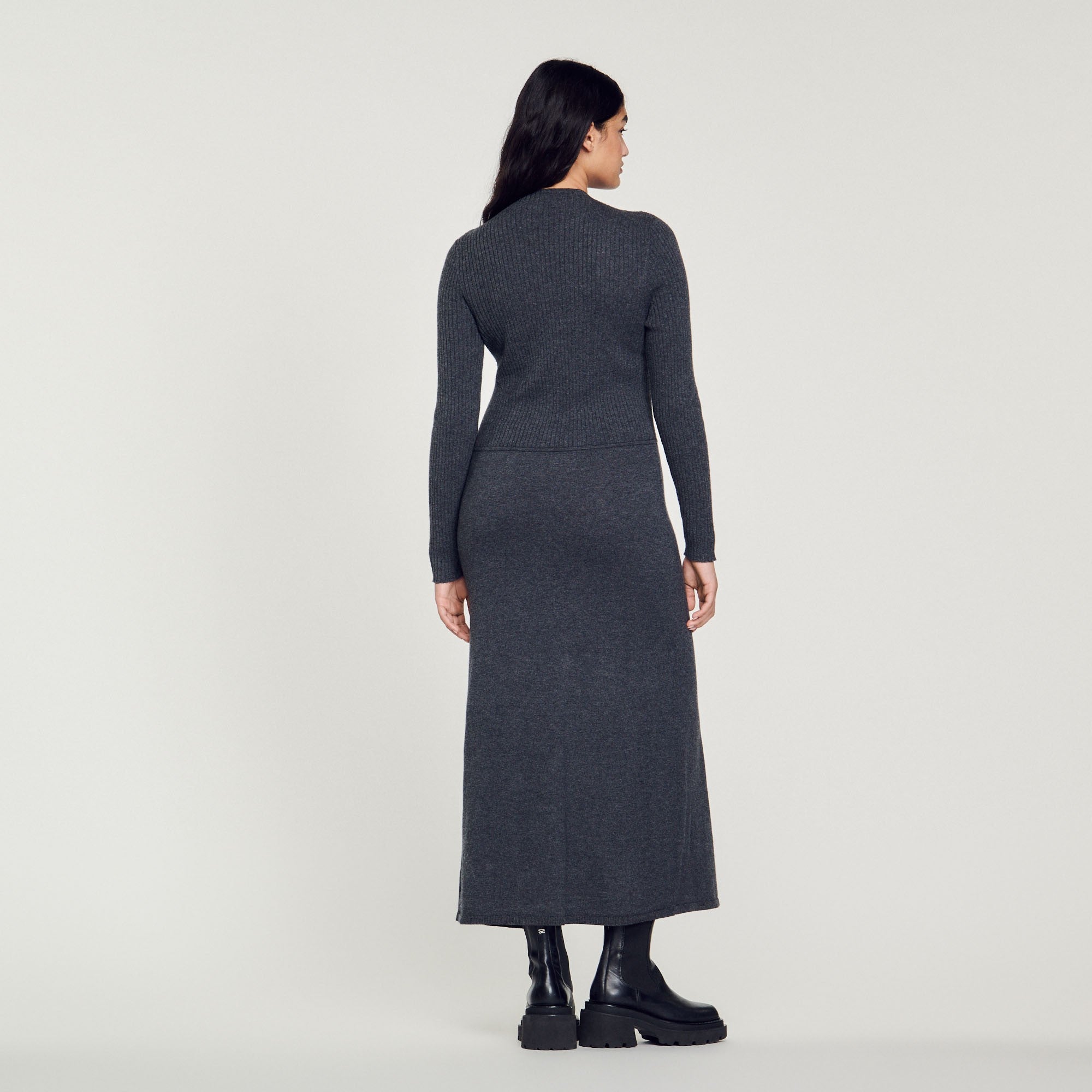 Women Long, Gathered Knit Dress - Grey