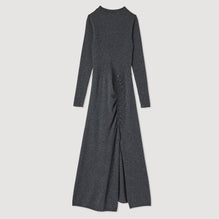 Women Long, Gathered Knit Dress - Grey