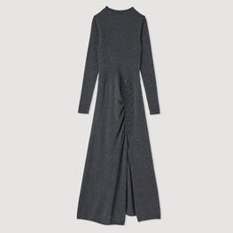 Women Long, Gathered Knit Dress - Grey