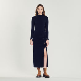 Women Long, Gathered Knit Dress - Midnight Blue