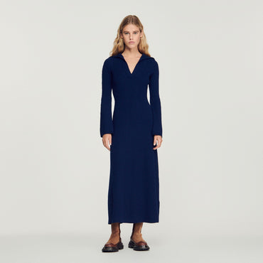 Women Long Dress With Open Collar - Blue