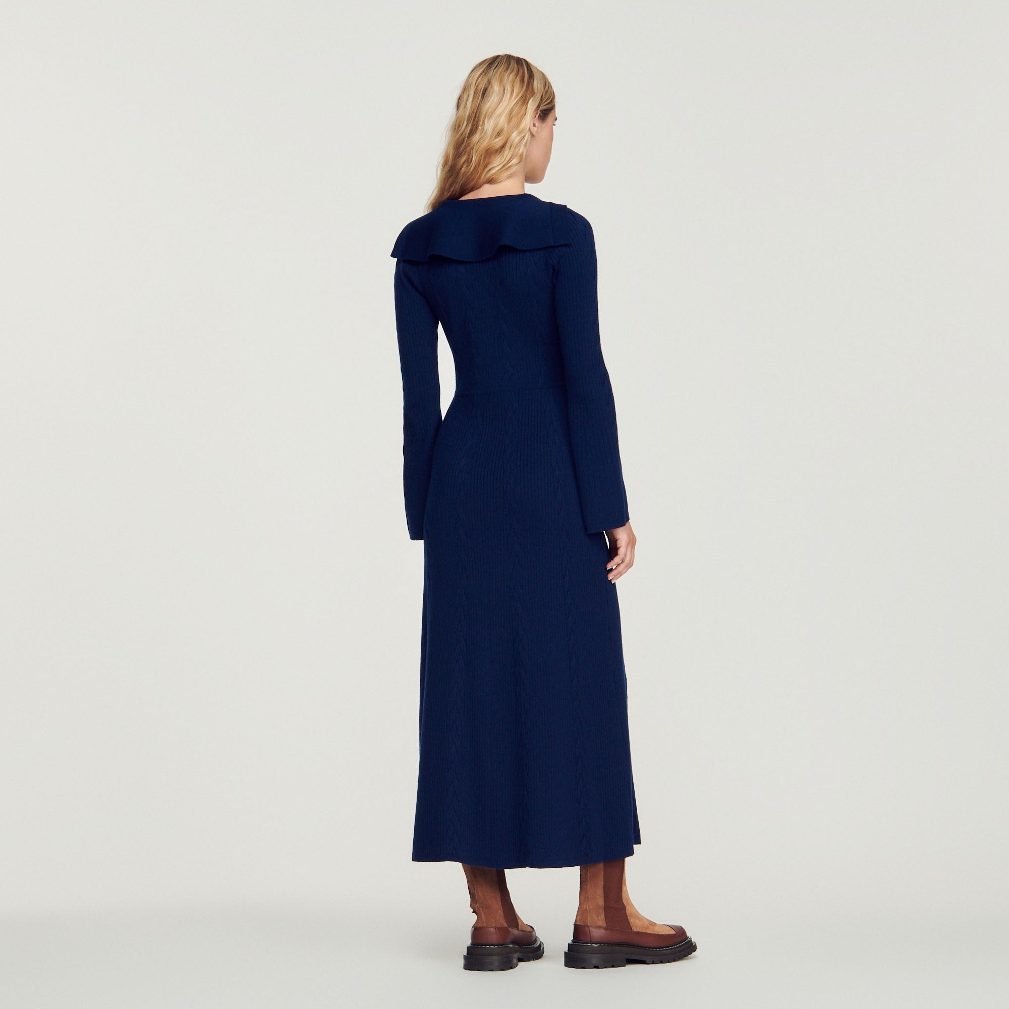 Women Long Dress With Open Collar - Blue