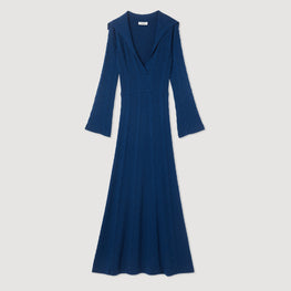 Women Long Dress With Open Collar - Blue