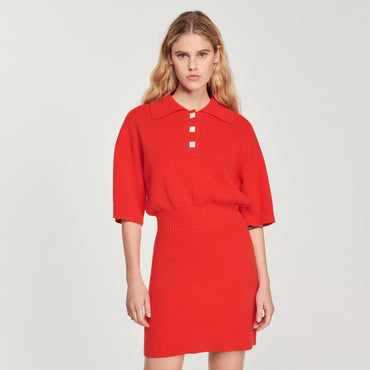 Women Short Knitted Polo Dress - Red