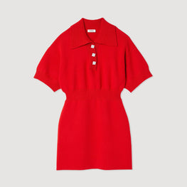 Women Short Knitted Polo Dress - Red