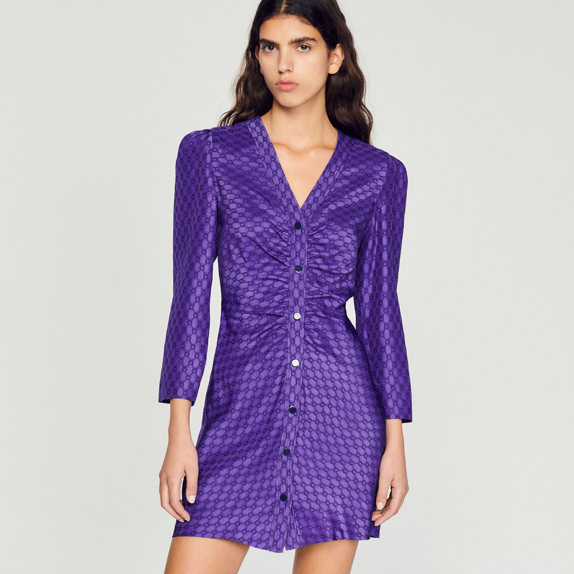 Women Short Gathered Jacquard Dress - Purple