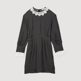 Women Short Flowing Polka-Dot Dress - Black / White