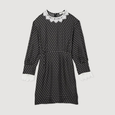 Women Short Flowing Polka-Dot Dress - Black / White