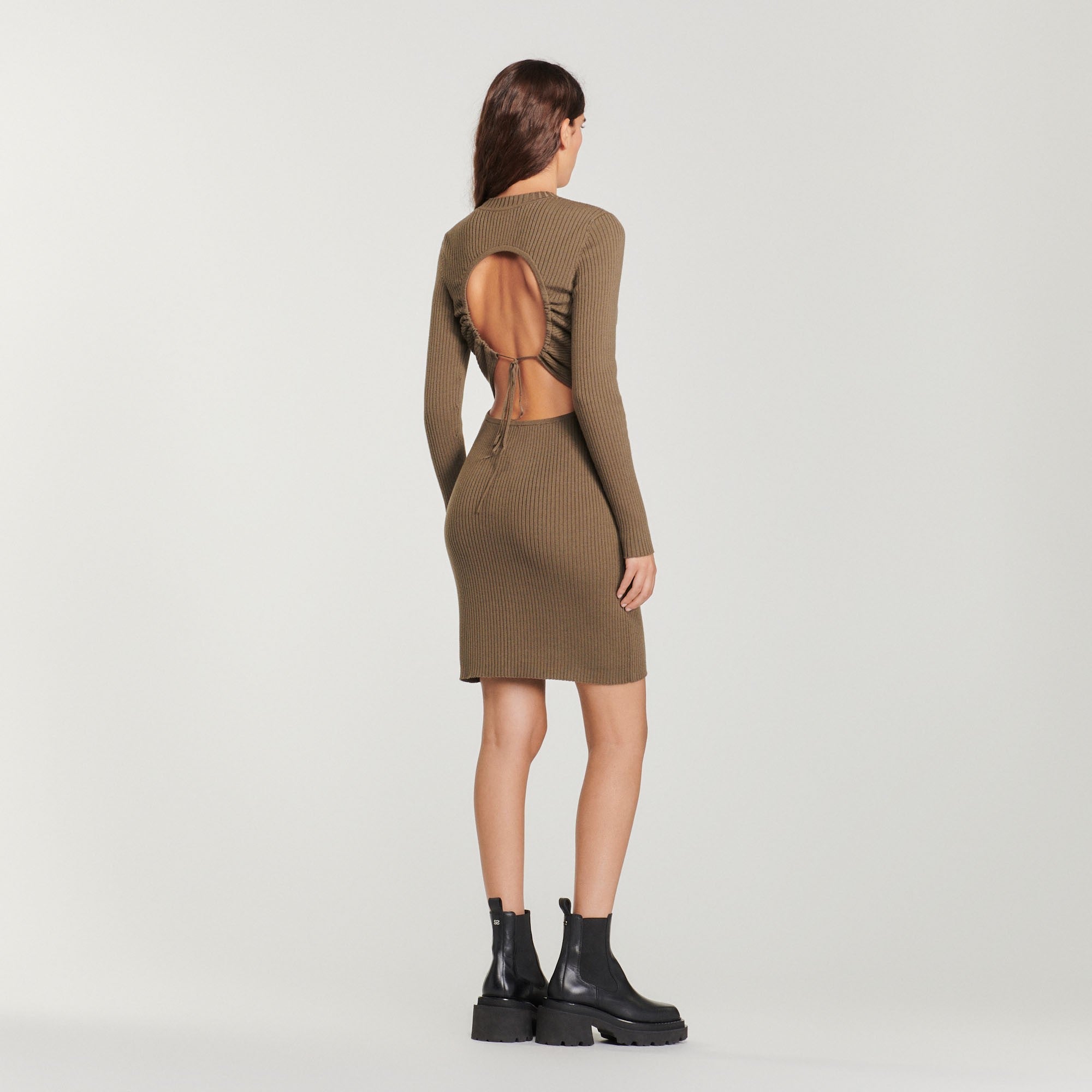 Women Ribbed Knit Dress - Olive Green