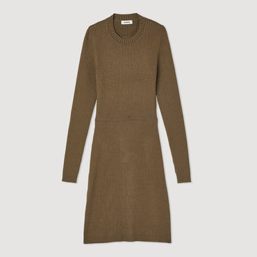 Women Ribbed Knit Dress - Olive Green