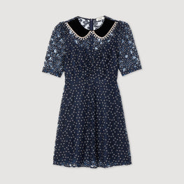 Women Short Dress With Peter Pan Collar - Navy Blue