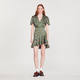 Women Short-Sleeved Dress With Floral Print - Green / Orange