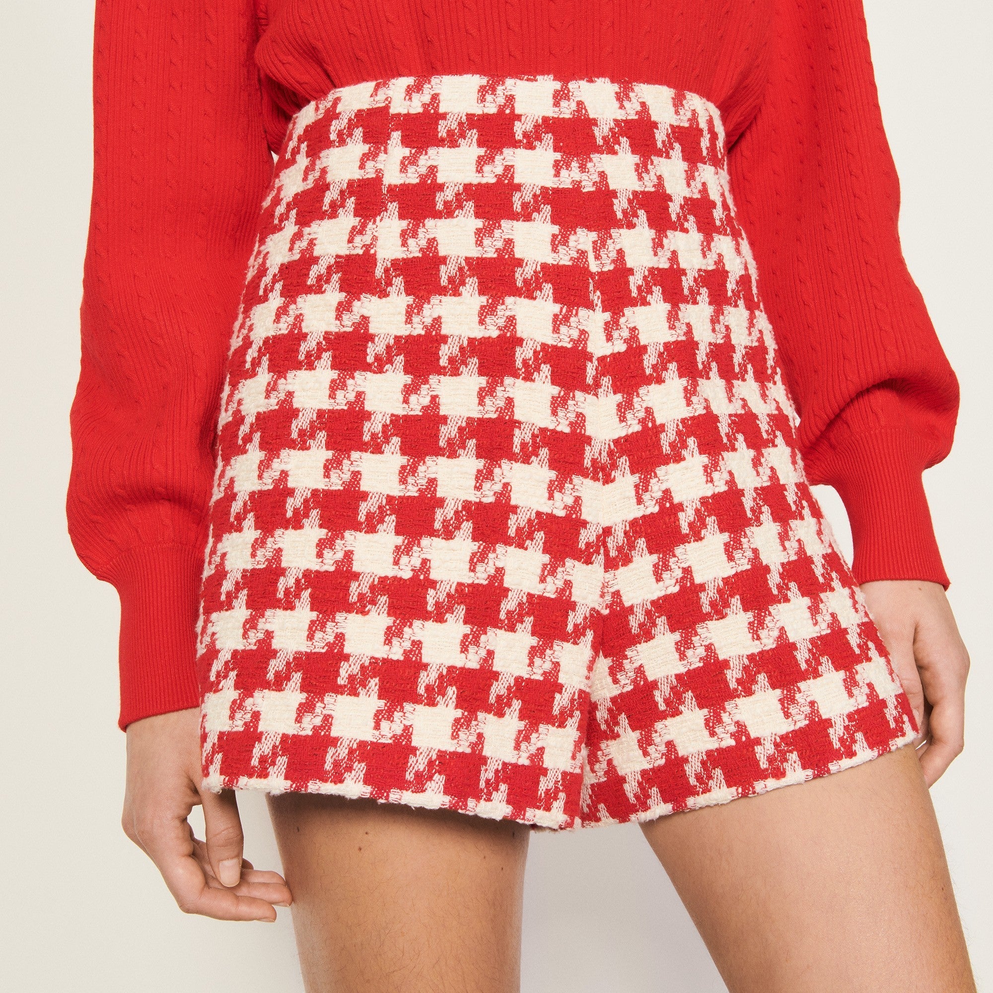 Women Houndstooth Shorts - Red / Ecru