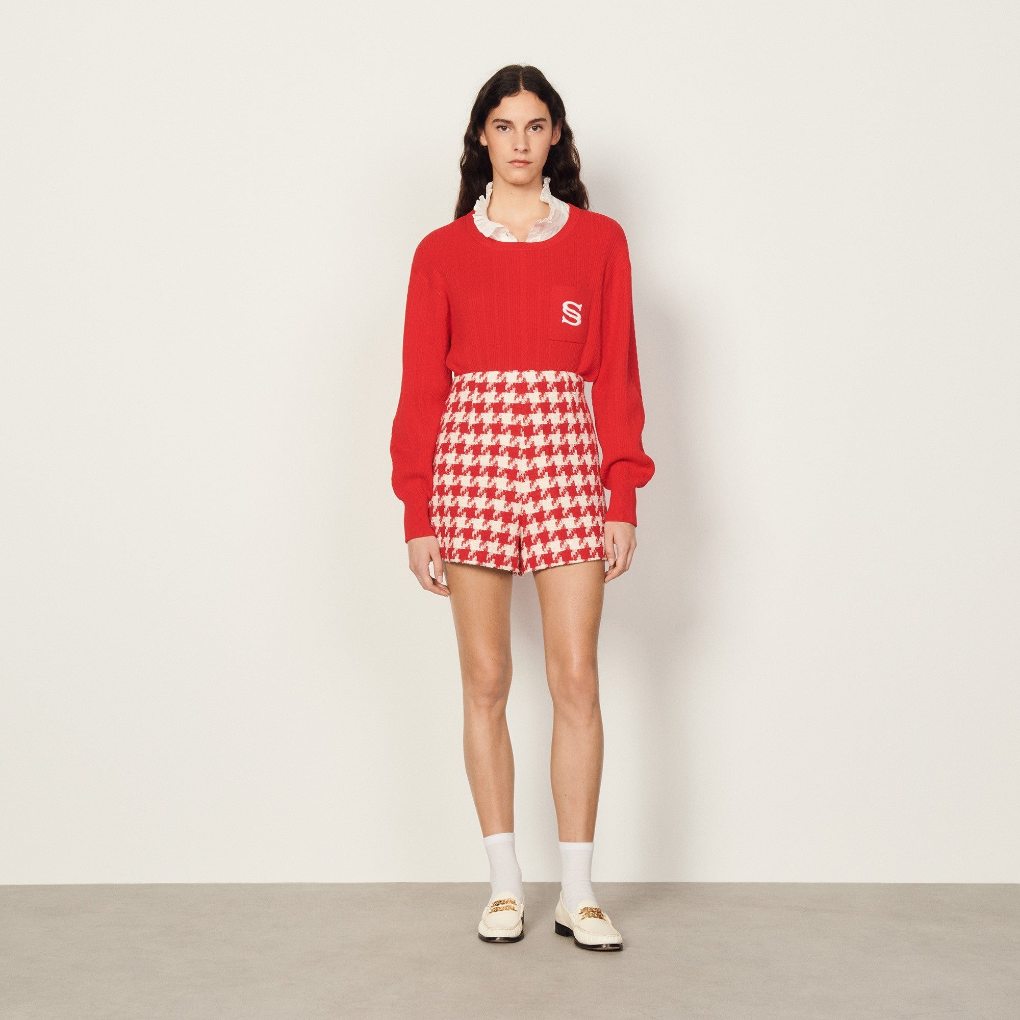 Women Houndstooth Shorts - Red / Ecru