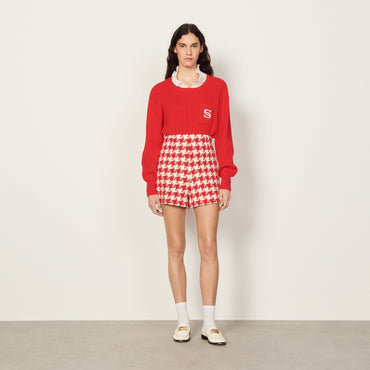 Women Houndstooth Shorts - Red / Ecru