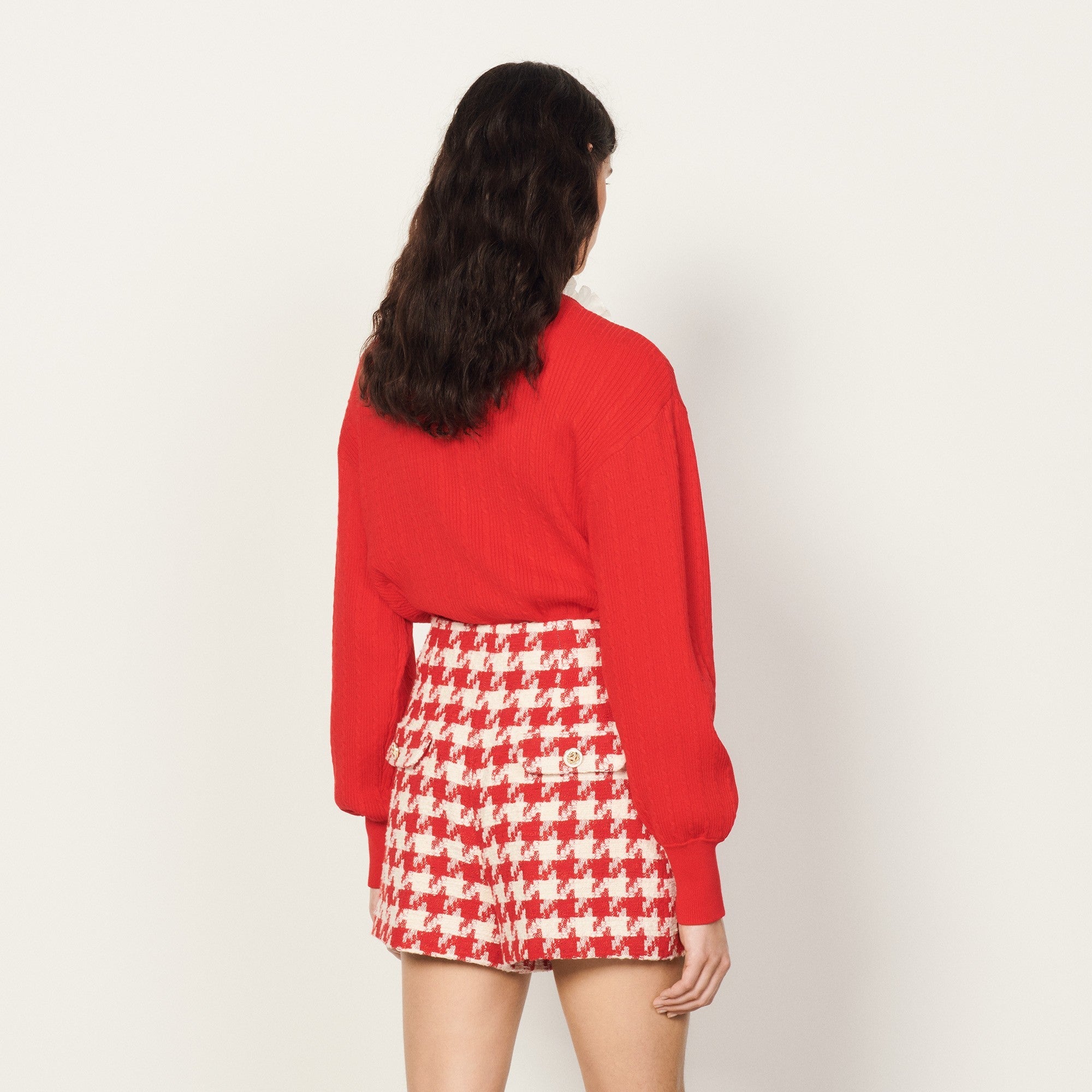 Women Houndstooth Shorts - Red / Ecru