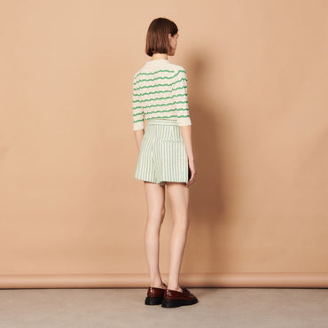 Women Wide Striped Shorts - Ecru - Green