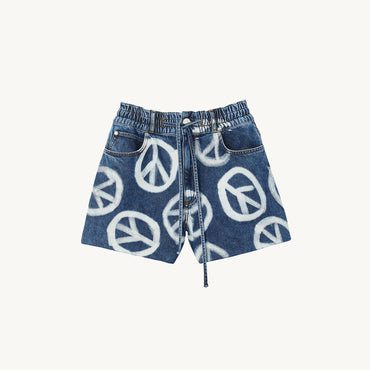 Women Wide Denim Shorts With Peace Motifs - Deep Blu