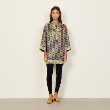 Women Oversized Silk Printed Tunic - Beige / Blue