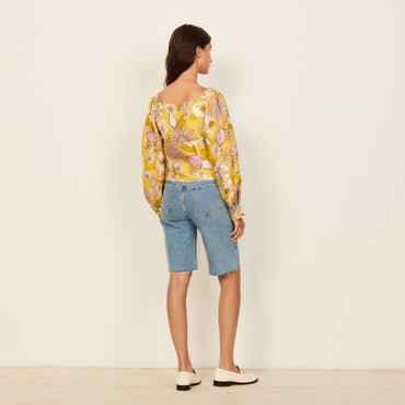 Women Printed Silk Top - Yellow / Lilac