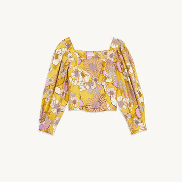 Women Printed Silk Top - Yellow / Lilac