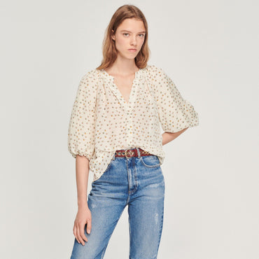 Women Loose Top With Summer Flowers Print - Ecru