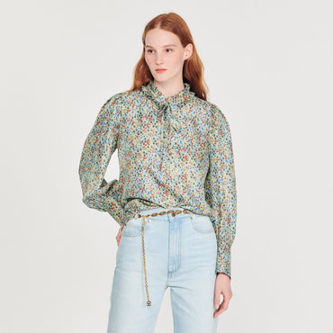 Women Flowing Blouse With Liberty Flower Print - Green / Red