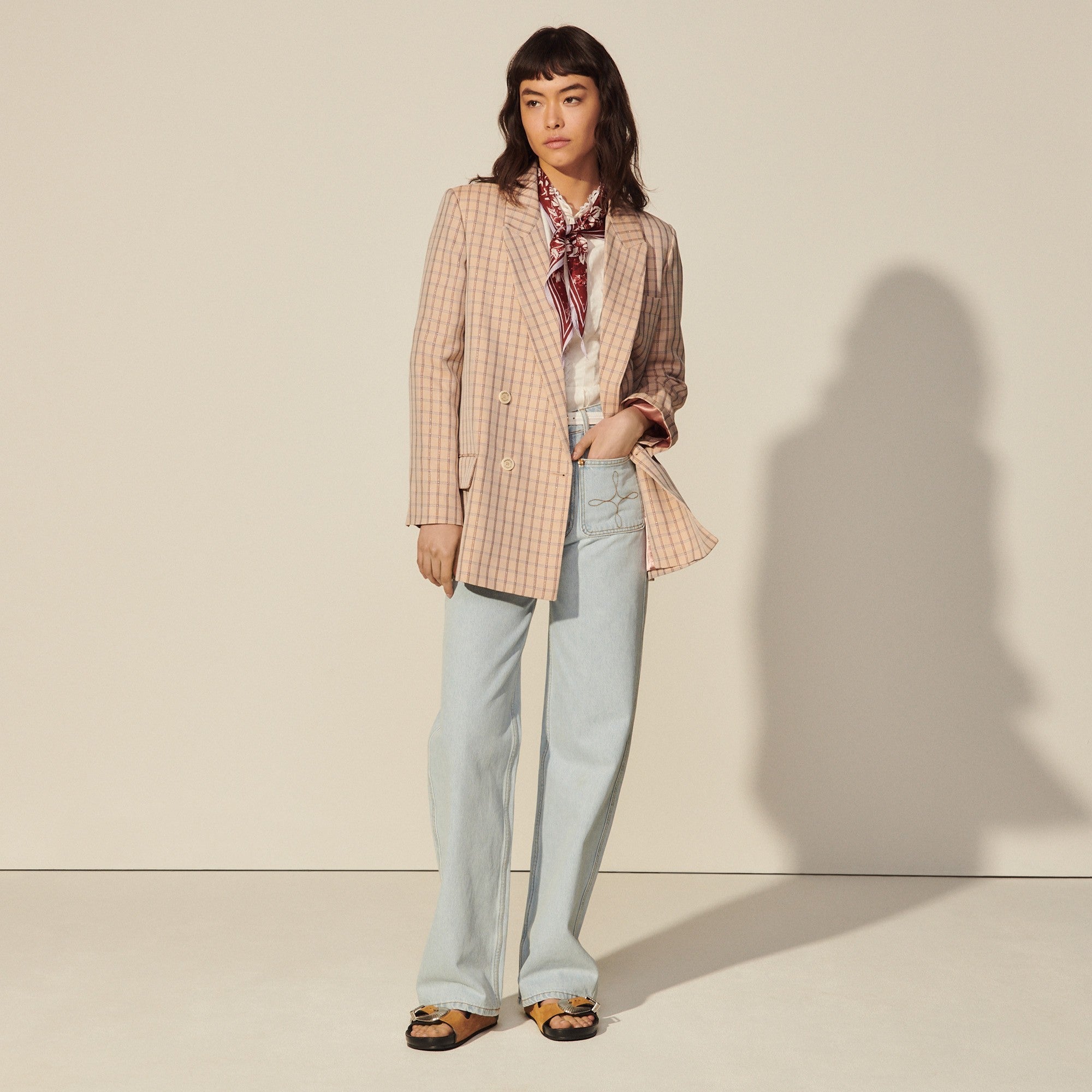 Women Lurex Check Tailored Jacket - Nude